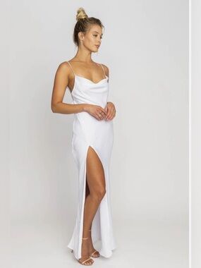 White Cowl Neck Slip Maxi Dress with Side Slit